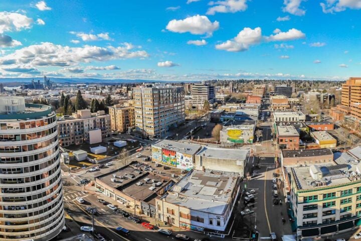 Fisheye aerial image of downtown Vancouver buildings