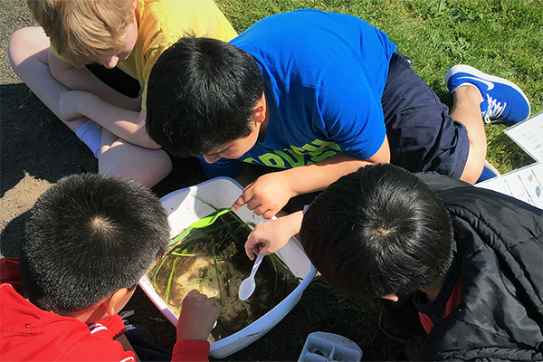 Students look through water from the Columbia River
