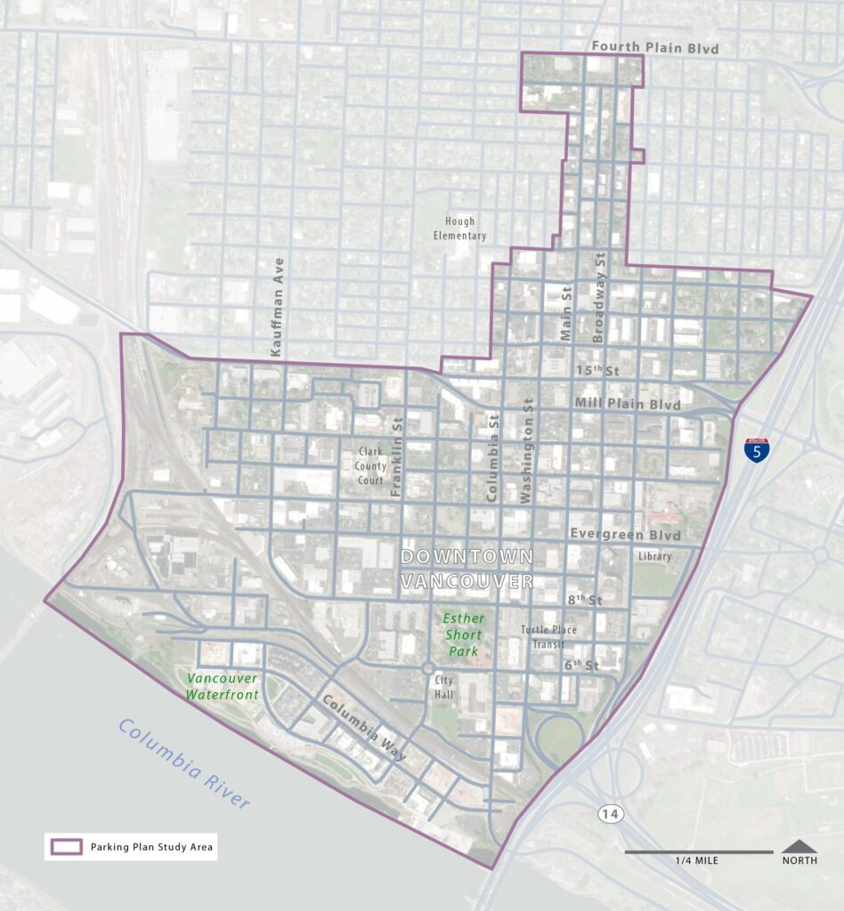 Map of project study area, including the waterfront, downtown and portions of uptown Vancouver.