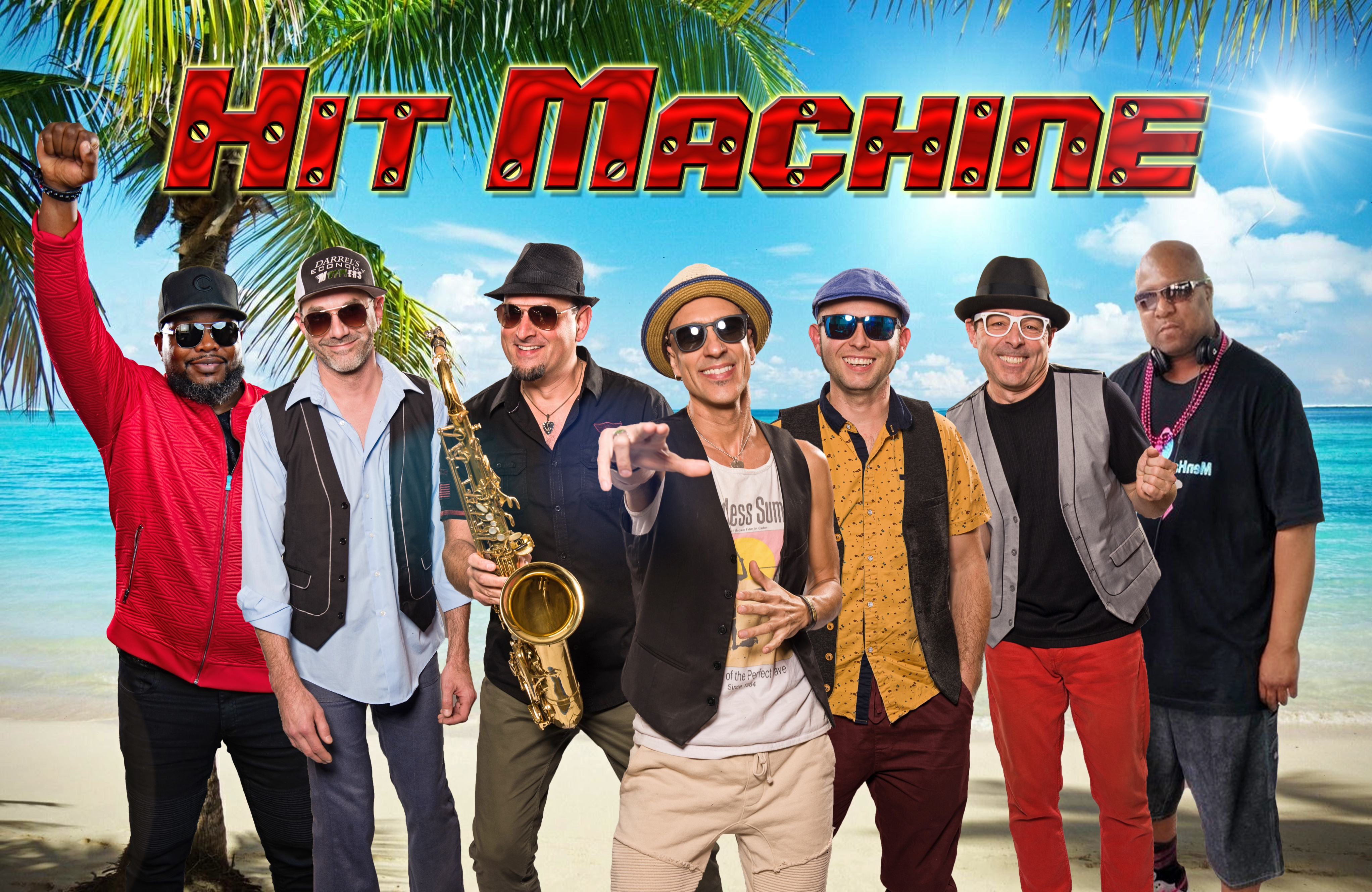 The 7-member band, Hit Machine, pose in front of an image of a beach with a palm tree. The band name is above them in block letters.