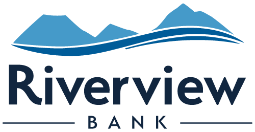 A graphic of three blue mountains with the text Riverview Bank below.