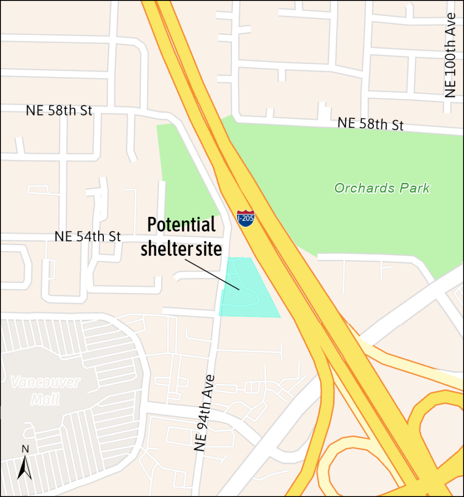 Map showing the potential shelter property at 5313 N.E. 94th Avenue west of I-205 and northeast of the Vancouver Mall. 