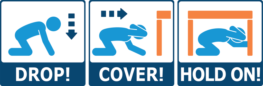 Drop! Cover! Hold on! Illustration of person dropping down and covering themselves under a desk or table.