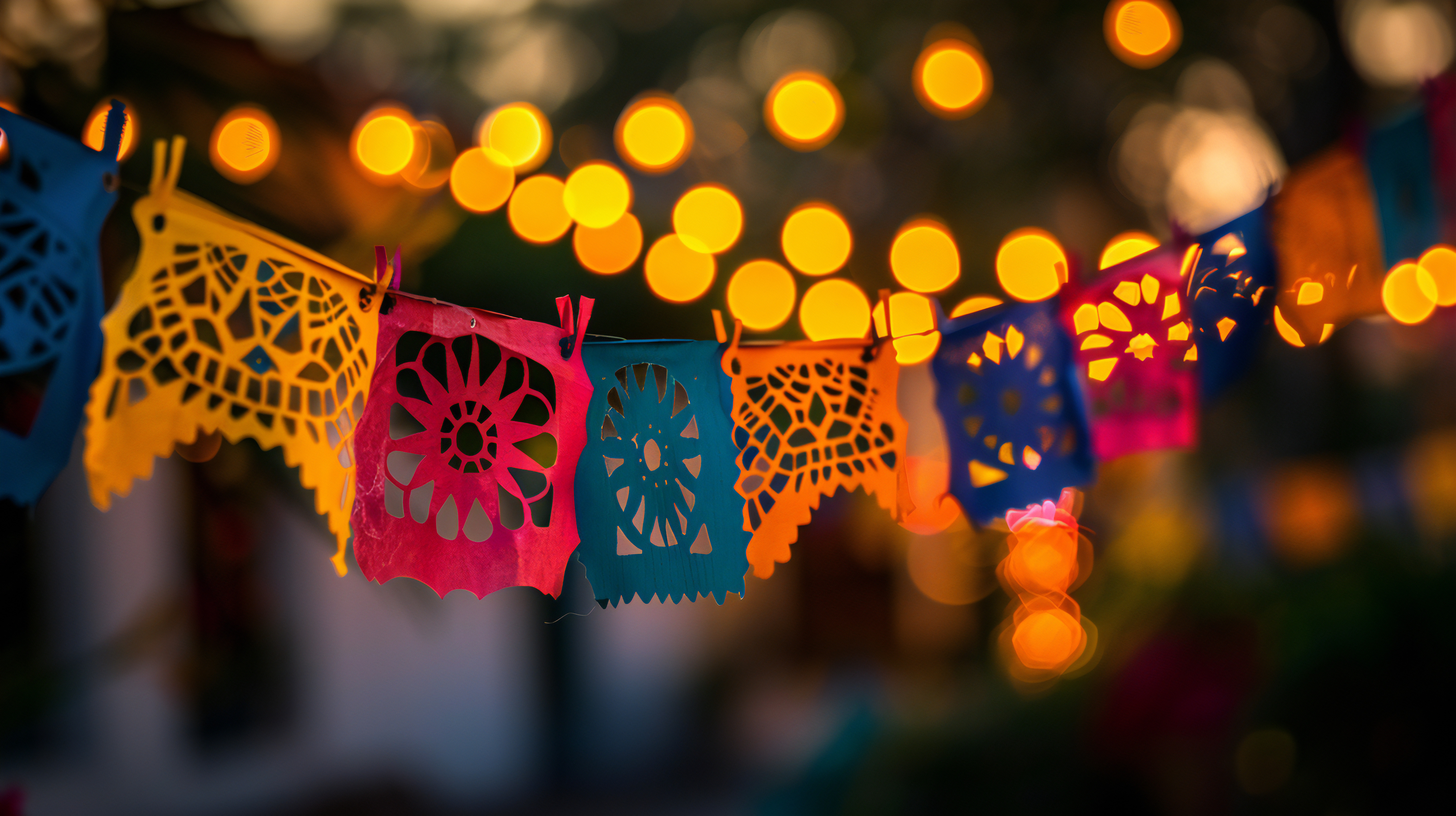 Papel picado banner at night in front of strings of outdoor lights.