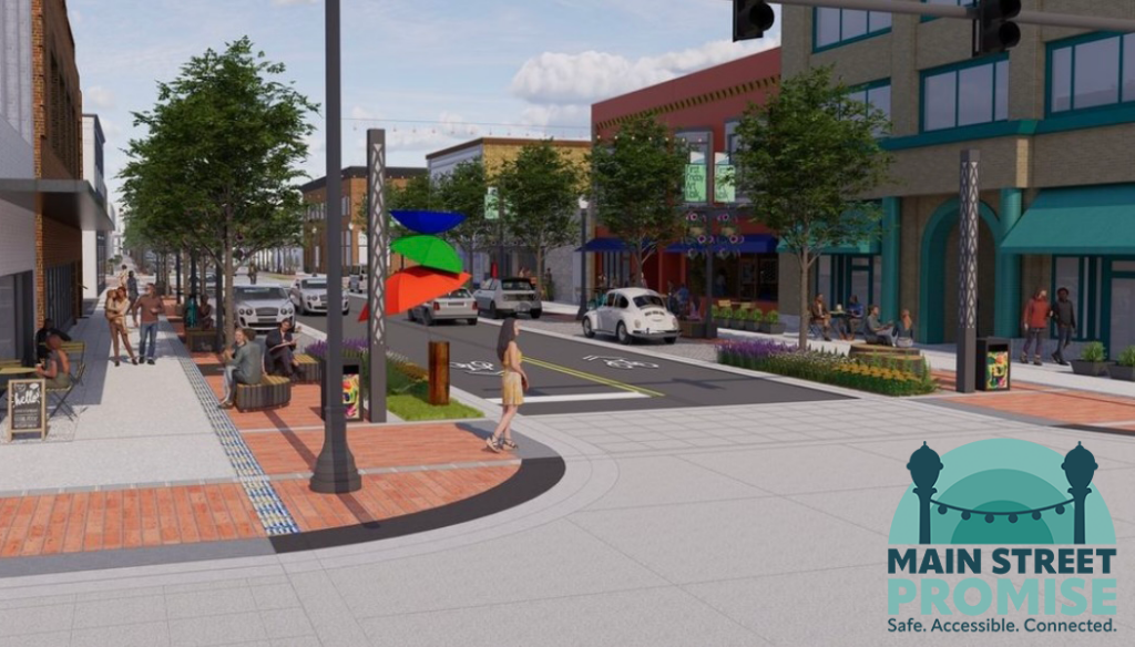 image showing what Main Street will look like after project completion with street, sidewalk, outdoor seating improvements