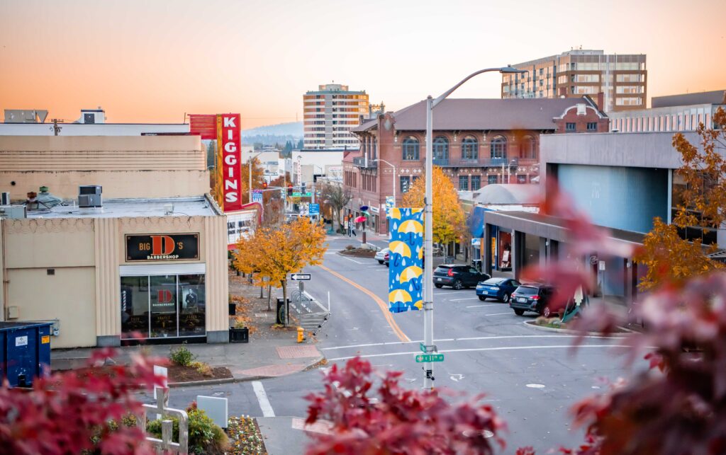 Main Street with a view of Kiggins Theatre in the fall