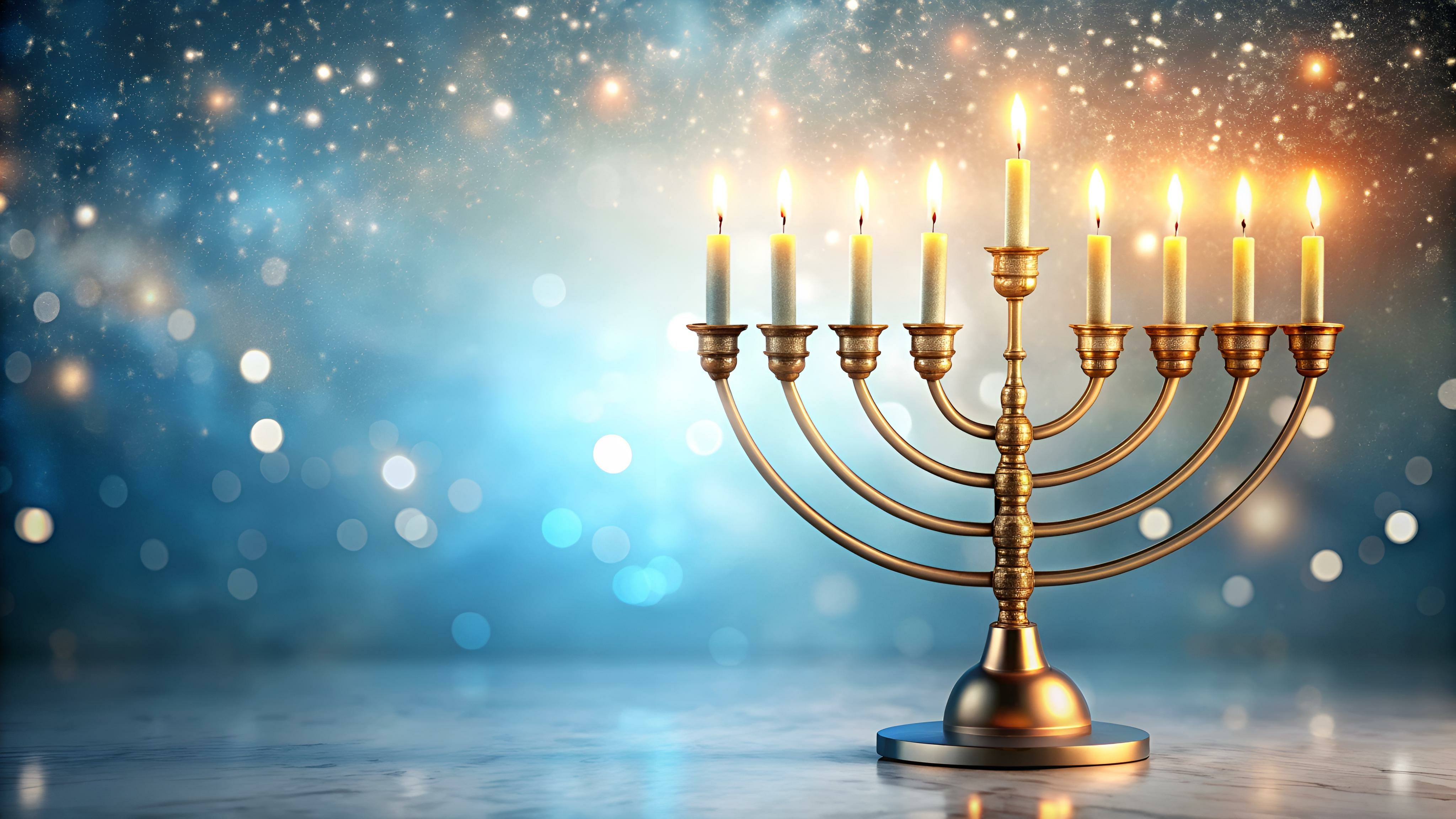 A gold menorah with all the candles lit against a blue and gold background.