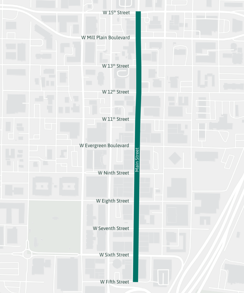 Map of Main Street from W Fifth Street to W 15th Street