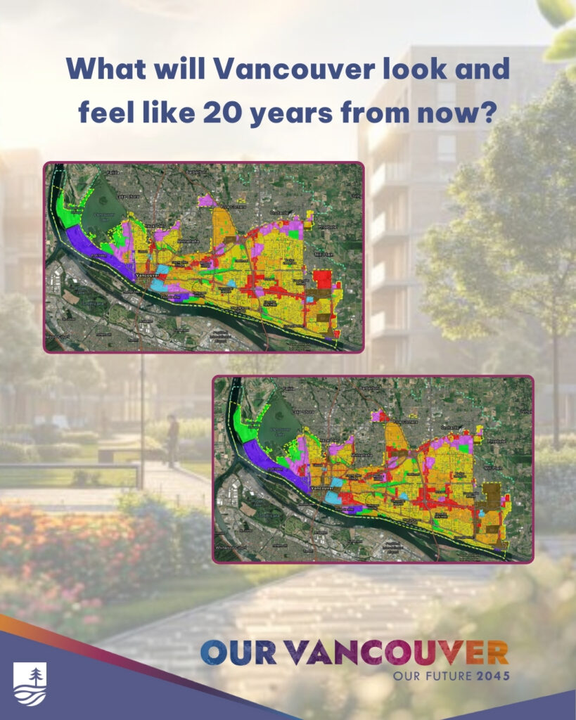 Graphic depicting two land use possibilities for Vancouver's future growth and development: What will Vancouver look and feel like 20 years from now?