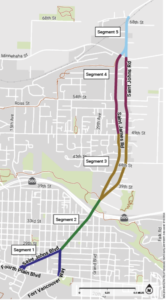 Map showing 5 segments along St. James and St. Johns roads where conditions are being addressed, and improvements are being made.