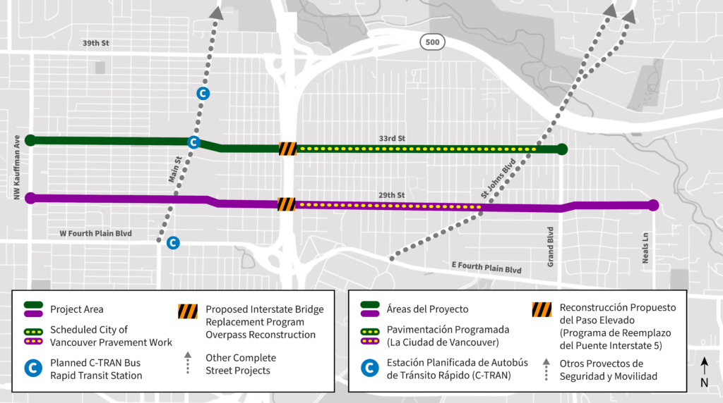 Project area map that shows project extents, scheduled paving from I-5 to St Johns Boulevard and proposed Interstate Bridge Replacement Program overpass reconstruction.